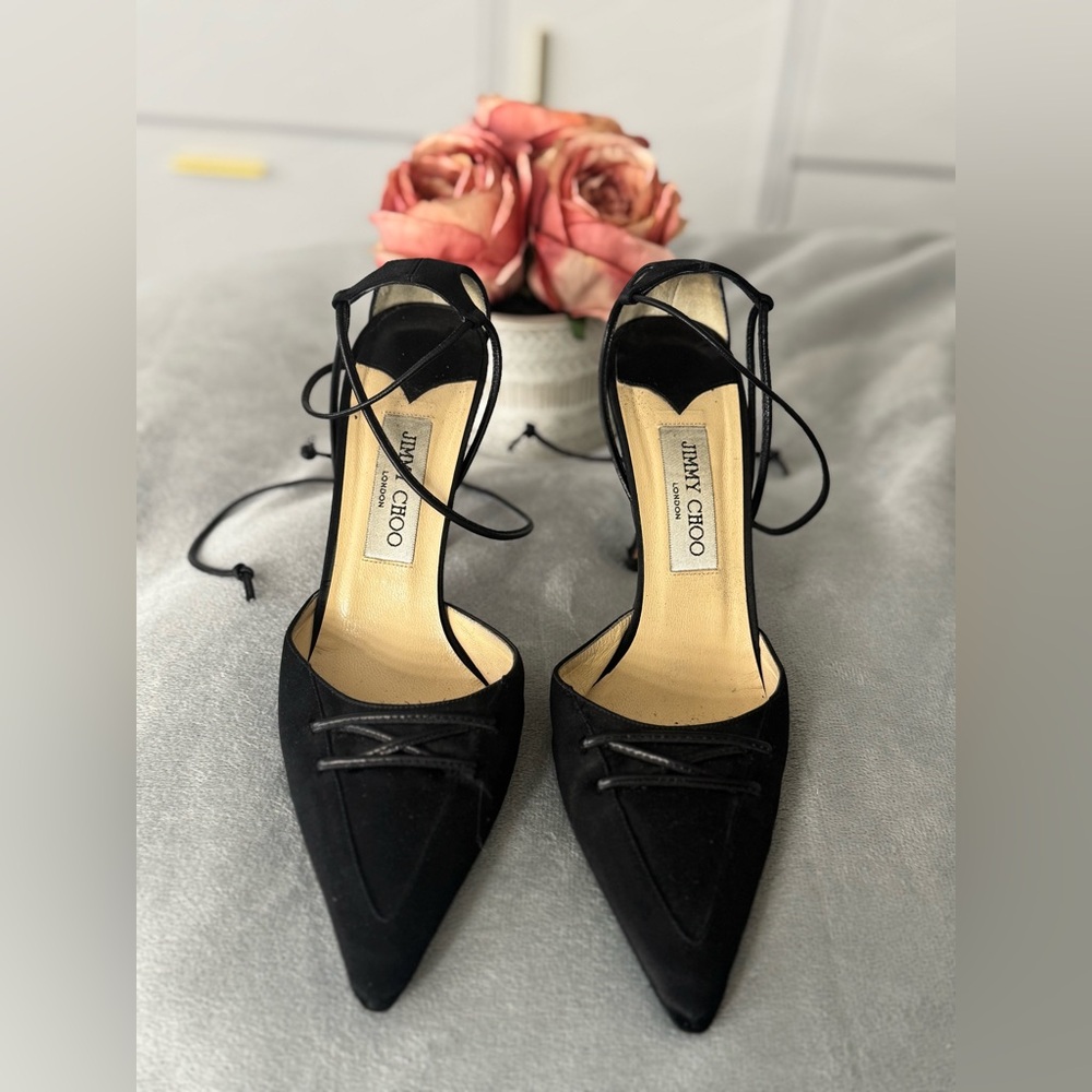 Jimmy Choo Satin Fabric Lace-Up Pointed Toe Shoes - Picture 4 of 13
